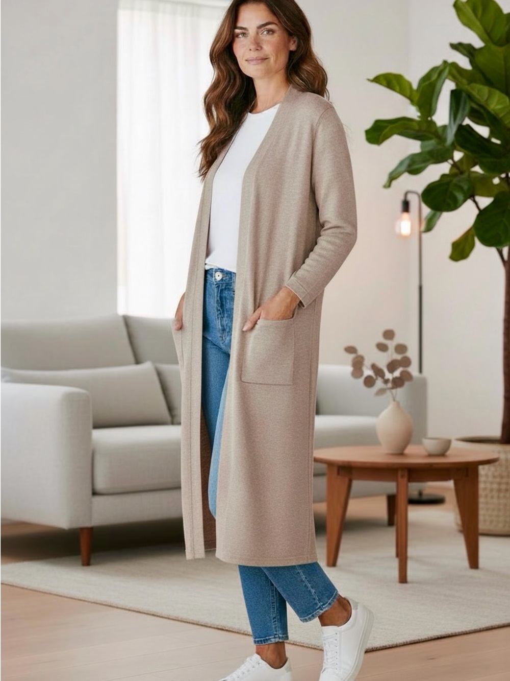 NWT Women’s Magaschoni Petit Beige Long Open Front Knit Cardigan - Size PM